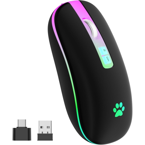 VECELOLIBILIS  Wireless Mouse, 2.4G Rechargeable Wireless Mouse, Led Portable Slim Computer Mouse for Laptop, PC, Computer, Macbook, Black-Transparent