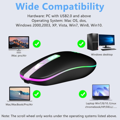 Wireless Mouse, 2.4G Rechargeable Wireless Mouse, LED Portable Slim Computer Mouse for Laptop, PC, Computer, MacBook, Black-transparent Nose