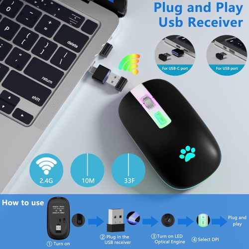 Wireless Mouse, 2.4G Rechargeable Wireless Mouse, LED Portable Slim Computer Mouse for Laptop, PC, Computer, MacBook, Black-transparent Nose