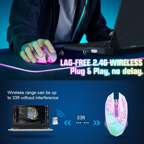 Wireless Gaming Mouse, Rechargeable Computer Mouse Mice with Colorful LED Lights Silent Click 2.4G USB Nano Receiver for PC, Laptop, Desktop, White