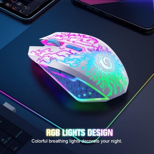 Wireless Gaming Mouse, Rechargeable Computer Mouse Mice with Colorful LED Lights Silent Click 2.4G USB Nano Receiver for PC, Laptop, Desktop, White