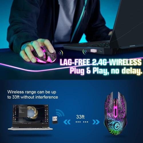 Wireless Gaming Mouse, Rechargeable Computer Mouse Mice with Colorful LED Lights Silent Click 2.4G USB Nano Receiver for PC, Laptop, Desktop, Black