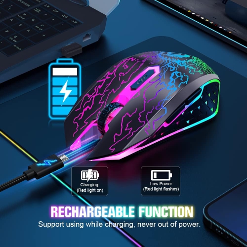 Wireless Gaming Mouse, Rechargeable Computer Mouse Mice with Colorful LED Lights Silent Click 2.4G USB Nano Receiver for PC, Laptop, Desktop, Black
