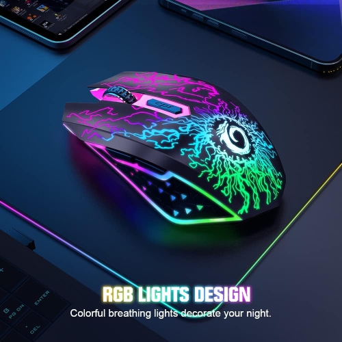 Wireless Gaming Mouse, Rechargeable Computer Mouse Mice with Colorful LED Lights Silent Click 2.4G USB Nano Receiver for PC, Laptop, Desktop, Black