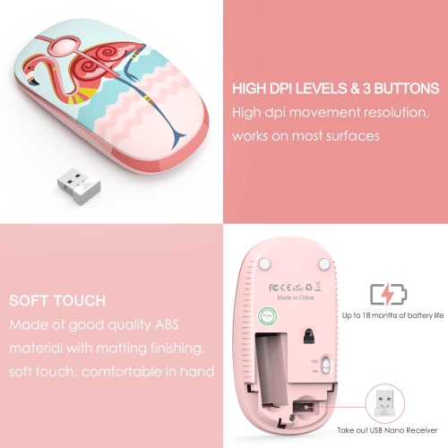2.4G Slim Wireless Mouse Portable Computer Mouse with Nano Receiver,Mobile Optical Mice for PC, Laptop, Computer, Mac, Flamingo Pink
