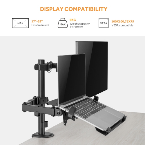 Monitor Arm and Laptop Mount Tray for 13-27 in PC Monitor and 17 Laptop, Both Desk Clamp and Grommet Mounting Options(VESA Only)