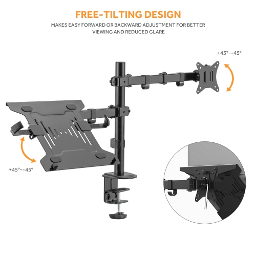 Monitor Arm and Laptop Mount Tray for 13-27 in PC Monitor and 17 Laptop, Both Desk Clamp and Grommet Mounting Options(VESA Only)