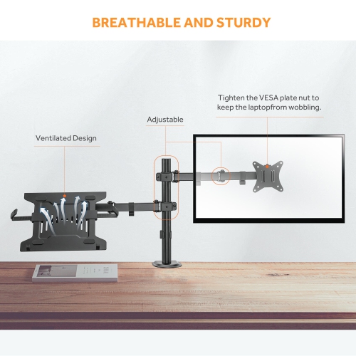 Monitor Arm and Laptop Mount Tray for 13-27 in PC Monitor and 17 Laptop, Both Desk Clamp and Grommet Mounting Options(VESA Only)