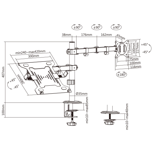 Monitor Arm and Laptop Mount Tray for 13-27 in PC Monitor and 17 Laptop, Both Desk Clamp and Grommet Mounting Options(VESA Only)