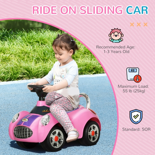 Qaba Baby Car, Push Car with Music, Horn, Light, Foot to Floor Sliding Ride on Car for Toddlers, Pink