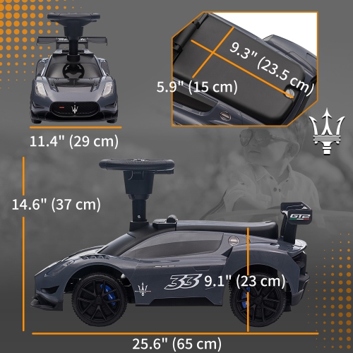 Qaba Maserati GT2 sous licence Sit to Stand Car, Ride On Toy pour tout-petits, style voiture coulissante pour enfants avec rangement sous le siège,