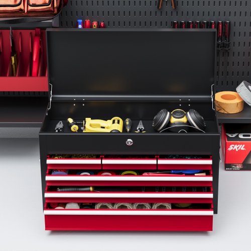 HOMCOM 6 Drawer Lockable Tool Box with Top Case, Ball Bearing Slides, 24" Portable Tool Chest for Garage, Household and Warehouse, Red