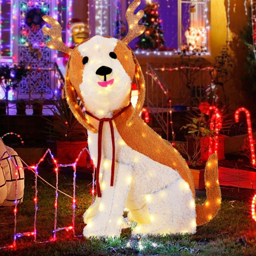 Costway Lighted Christmas Dog with LED Lights 4 Ground Stakes Cable Tiers for Yard Patio
