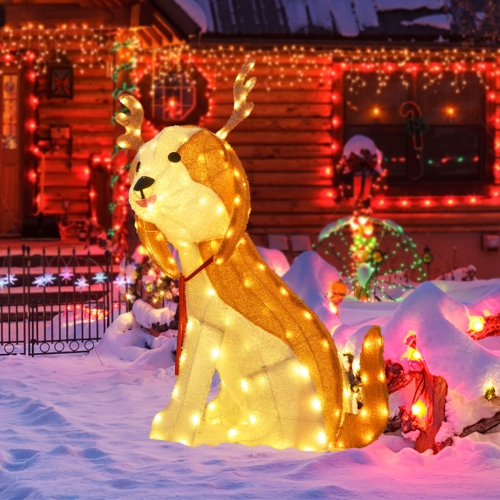 Costway Lighted Christmas Dog with LED Lights 4 Ground Stakes Cable Tiers for Yard Patio