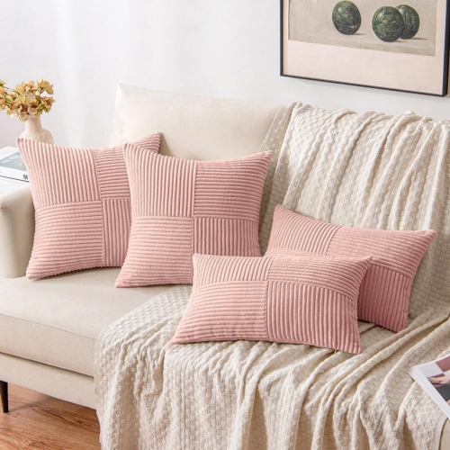 Pink Corduroy Pillow Covers Pack of 2 Boho Decorative Soft Solid Couch Pillowcases Cross Patchwork Textured Cushion Covers for Living Room Bed Sofa