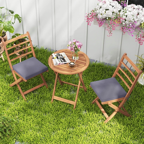 Costway 3 PCS Acacia Wood Patio Bistro Set Folding Outdoor Table and Chairs with Cushions