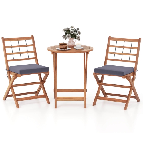 Costway 3 PCS Acacia Wood Patio Bistro Set Folding Outdoor Table and Chairs with Cushions