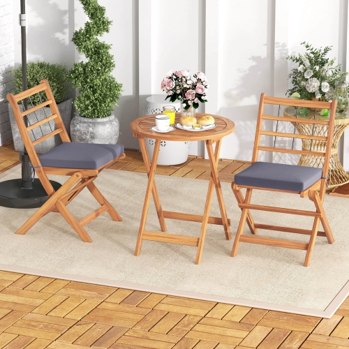 Costway 3 PCS Acacia Wood Patio Bistro Set Folding Outdoor Table and Chairs with Cushions