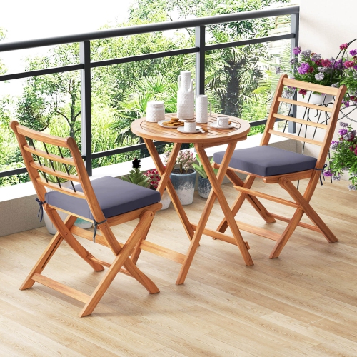 Costway 3 PCS Acacia Wood Patio Bistro Set Folding Outdoor Table and Chairs with Cushions