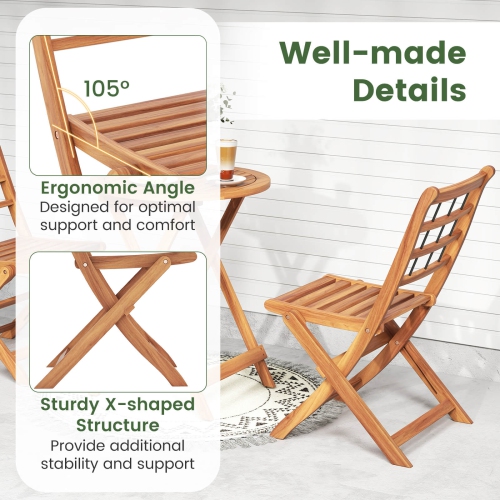 Costway 3 PCS Acacia Wood Patio Bistro Set Folding Outdoor Table and Chairs with Cushions