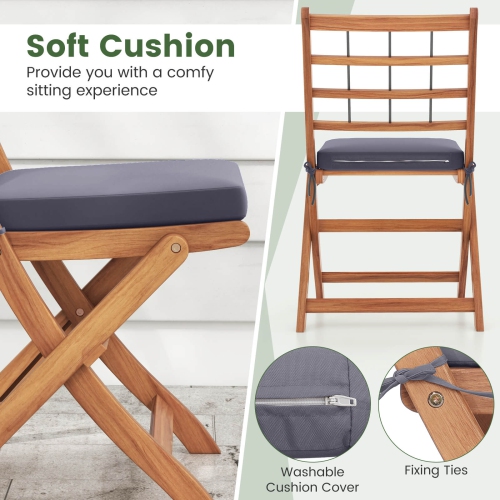 Costway 3 PCS Acacia Wood Patio Bistro Set Folding Outdoor Table and Chairs with Cushions