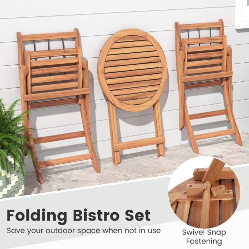 Costway 3 PCS Acacia Wood Patio Bistro Set Folding Outdoor Table and Chairs with Cushions