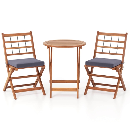Costway 3 PCS Acacia Wood Patio Bistro Set Folding Outdoor Table and Chairs with Cushions
