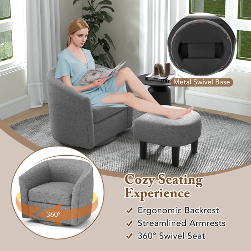 Fauteuil-baril pivotant de Costway avec repose-pieds, dossier incurvé et accoudoirs Salon Blanc crémeux/Gris/Brun