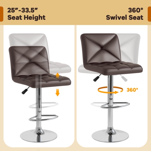Costway Modern Bar Stools Set of 2 PU Leather Upholstered Swivel Counter Stools with Back