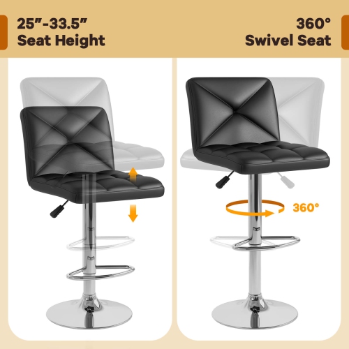 Costway Modern Bar Stools Set of 2 PU Leather Upholstered Swivel Counter Stools with Back