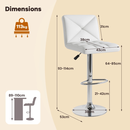 Costway Modern Bar Stools Set of 2 PU Leather Upholstered Swivel Counter Stools with Back