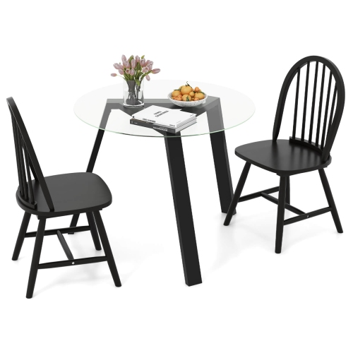 COSTWAY  3 PCs Dining Set for 2 Round Table With 2 Chairs Solid Rubber Wood Frame Modern