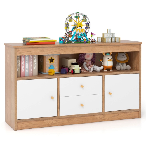 Costway Kids Toy Storage Organizer Wooden Children Bookshelf Storage Chest with Open Shelf