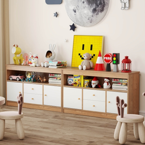 Costway Kids Toy Storage Organizer Wooden Children Bookshelf Storage Chest with Open Shelf