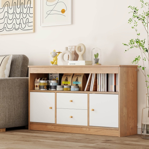 Costway Kids Toy Storage Organizer Wooden Children Bookshelf Storage Chest with Open Shelf