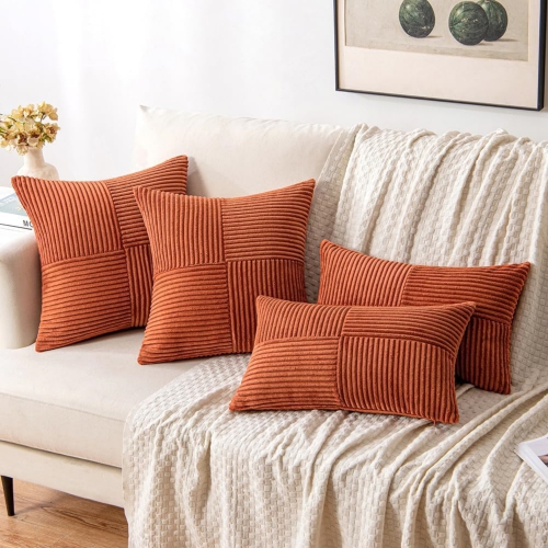 Rust Corduroy Pillow Covers Pack of 2 Boho Decorative Soft Solid Couch Pillowcases Cross Patchwork Textured Cushion Covers for Living Room Bed Sofa