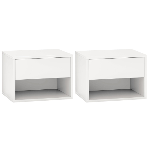 HOMCOM Floating Nightstand Set of 2, Wall Mounted Bedside Table with Drawer and Shelf, End Table for Bedroom, White