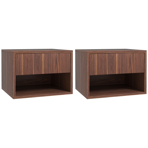 HOMCOM Floating Nightstand Set of 2, Wall Mounted Bedside Table with Drawer and Shelf, End Table for Bedroom, Brown