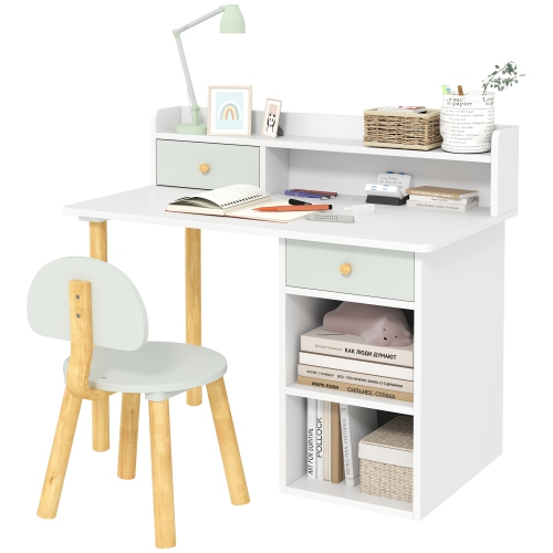 Qaba Kids Desk and Chair Set, 2 Pieces Kids Study Table and Chair Set for 3-8 Year Old, Writing Table for Bedroom, Study Room, with Storage and Shelv
