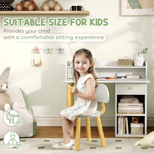 Qaba Kids Desk and Chair Set, 2 Pieces Kids Study Table and Chair Set for 3-8 Year Old, Writing Table for Bedroom, Study Room, with Storage and