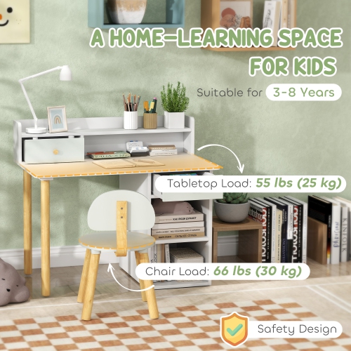 Qaba Kids Desk and Chair Set, 2 Pieces Kids Study Table and Chair Set for 3-8 Year Old, Writing Table for Bedroom, Study Room, with Storage and