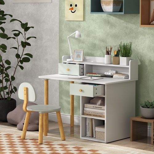 Qaba Kids Desk and Chair Set, 2 Pieces Kids Study Table and Chair Set for 3-8 Year Old, Writing Table for Bedroom, Study Room, with Storage and