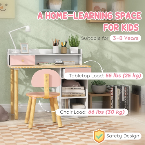 Qaba Kids Desk and Chair Set, 2 Pieces Kids Study Table and Chair Set for 3-8 Year Old, Writing Table for Bedroom, Study Room, with Storage and