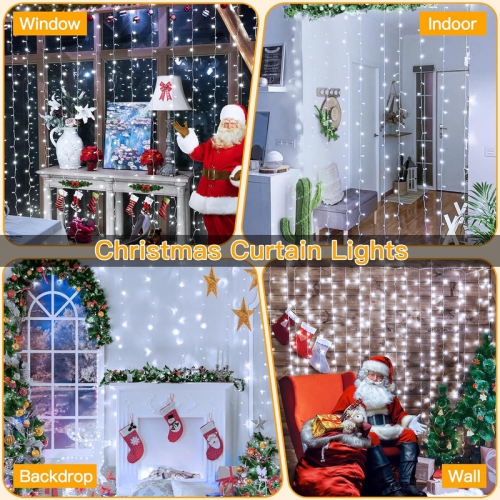 Rideaux lumineux 200LED 9.8x6.5 pi, USB Rideaux de Noël lumières blanc chaud avec télécommande 8 modes Minuterie, jeu de lumières étanches pour