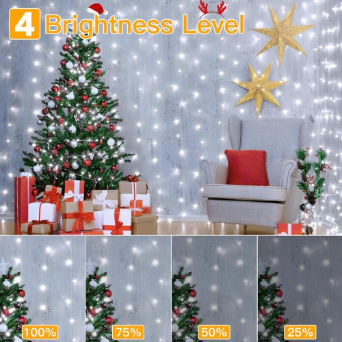 Rideaux lumineux 200LED 9.8x6.5 pi, USB Rideaux de Noël lumières blanc chaud avec télécommande 8 modes Minuterie, jeu de lumières étanches pour