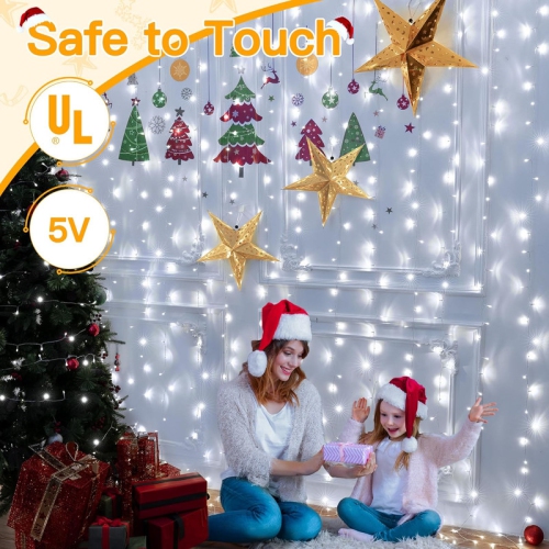 Rideaux lumineux 200LED 9.8x6.5 pi, USB Rideaux de Noël lumières blanc chaud avec télécommande 8 modes Minuterie, jeu de lumières étanches pour