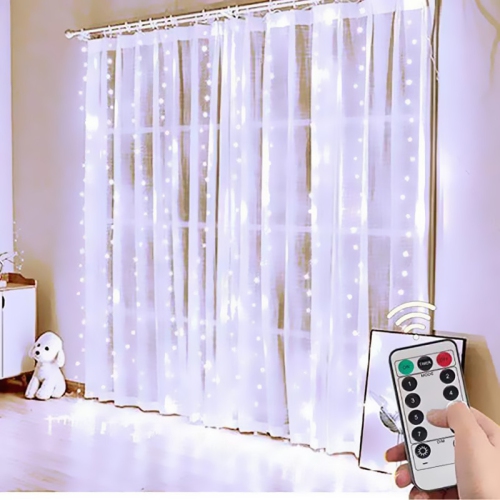 Rideaux lumineux 200LED 9.8x6.5 pi, USB Rideaux de Noël lumières blanc chaud avec télécommande 8 modes Minuterie, jeu de lumières étanches pour
