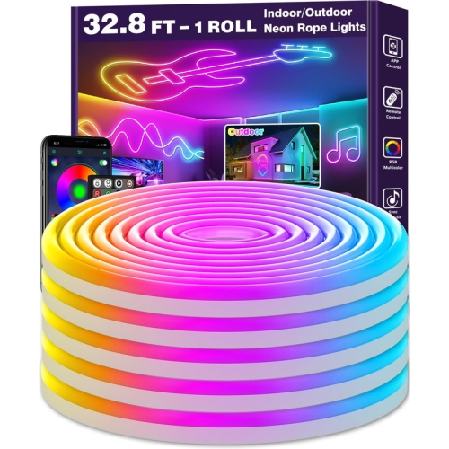 OLLNY DECOR LIGHTS  Ollny Decor Led Neon Rope Lights 32.8Ft, Control \w App/remote, Multiple Mode Led Neon Strip, Ip65 Outdoor RGB Neon Lights