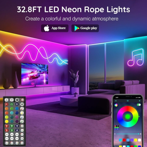 Ollny Decor Led Neon Rope Lights 32.8Ft, Control with App/Remote, Multiple Mode Led Neon Strip, IP65 Outdoor RGB Neon Lights Waterproof