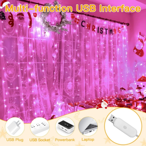 Ollny Decor Curtain Lights 300 LED 9.8x9.8ft, USB Christmas Curtain Lights Warm White with Remote 8 Modes Timer, Waterproof String Lights